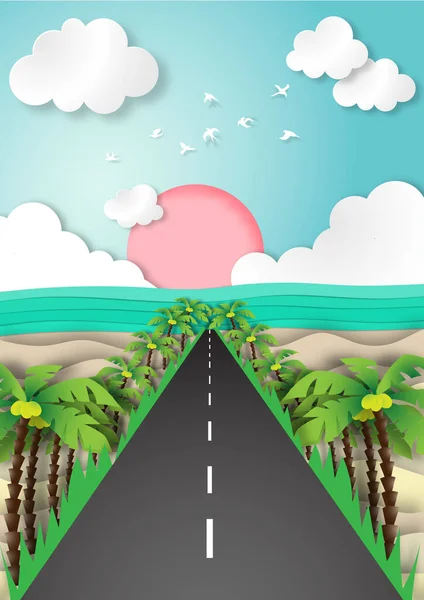 Papel Arte Verano Playa Fondo Con Carretera Cocotero Ver Papel — Vector de stock