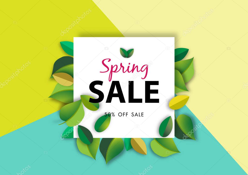 Spring sale background with green leave, vector illustration template