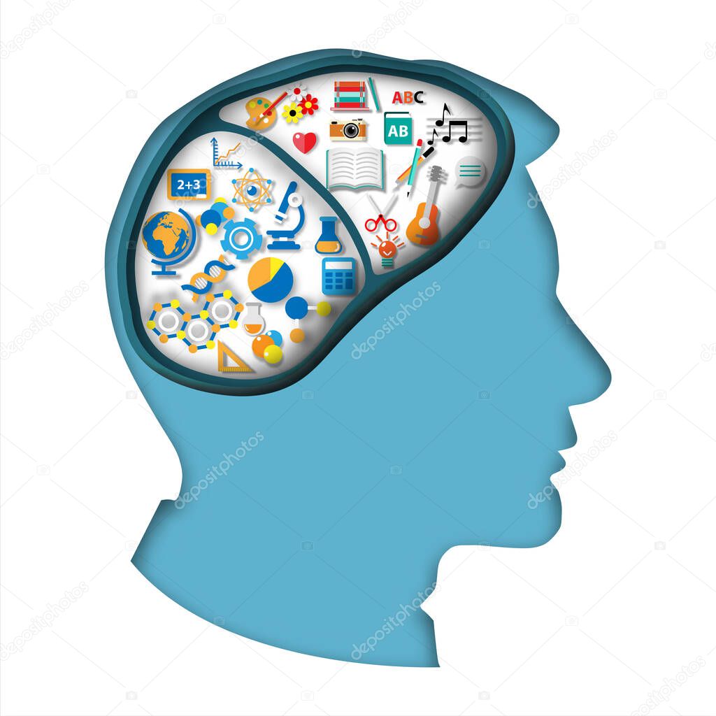 paper art style Left and right hemisphere brain concept vector artwork modern paper cut blue color in head human vector
