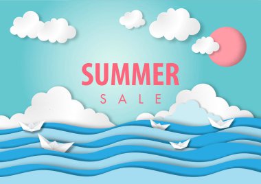 Yaz arkaplanı, okyanus veya deniz manzaralı ve mavi gökyüzü doğa arka plan kağıt sanat tarzı vektörü