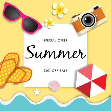 Yaz satışı arka planında plaj kâğıdı sanat vektörü ve illüstrasyon