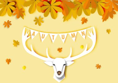 Beyaz geyik kağıdı kesim vektörü ve illüstrasyonlu sonbahar arkaplanı