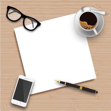 Boş kağıt, kahve fincanı, cep telefonu, bardak ve kalem ile ahşap masa klasik tasarım vektörü.