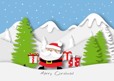 Karlı dağ arka planında hediye kutusu olan Noel Baba 'nın kağıt sanatı, Noel, festival, vektör