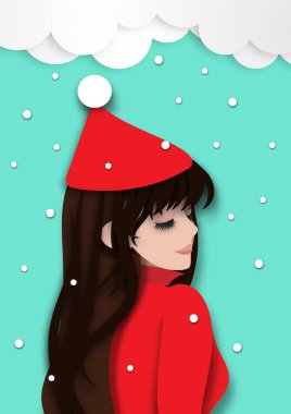 Kış mevsimi arka planında güzel bir bayan, kar arka planında rahatlıyor ve kağıt tasarım vektörü ve illüstrasyonuyla