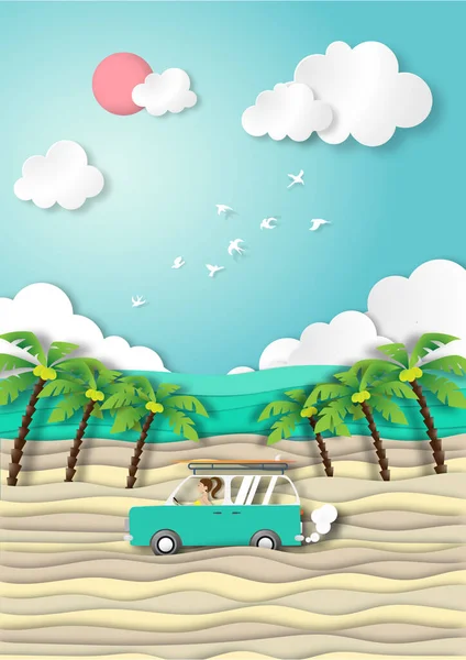 Papel Arte Verano Playa Fondo Con Van Cuidado Cocotero Ver — Archivo Imágenes Vectoriales