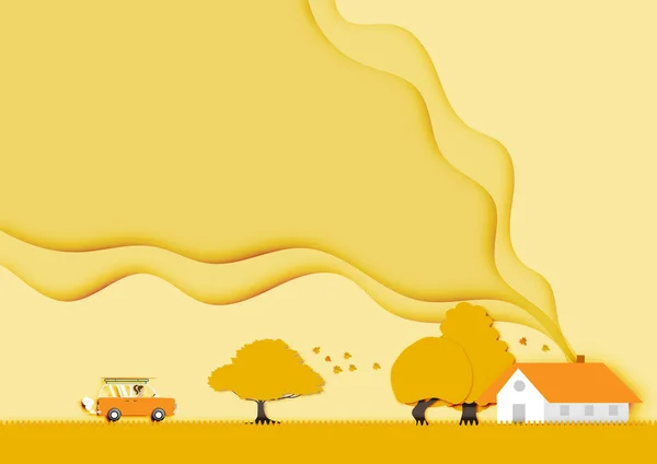 Herfst Achtergrond Met Mooie Huis Landschap Uitzicht Papier Gesneden Ontwerp — Stockvector