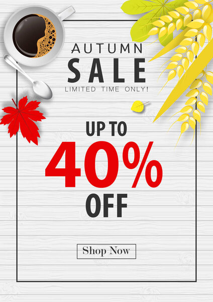 autumn sale banner background ,forty percent sale off with coffee cup and barley rice on wood texture vector or illustration