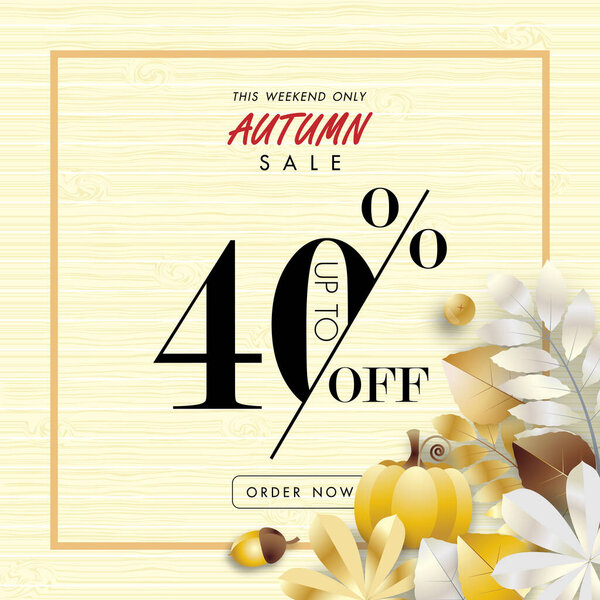 autumn sale banner background ,forty percent sale off with golden leaf on wood texture vector or illustration