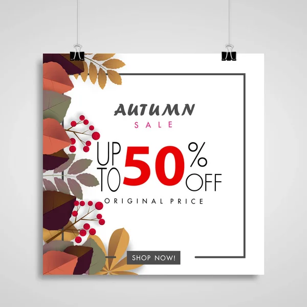 Herbst Verkauf Banner Hintergrund Fünfzig Prozent Ausverkauf Mit Buntem Blatt — Stockvektor