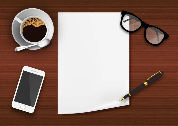 Papel Blanco Con Taza Café Teléfono Móvil Gafas Bolígrafo Vector — Vector de stock