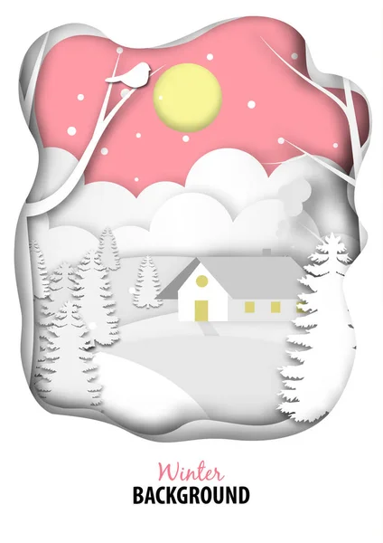 Winter Seizoen Achtergrond Met Sneeuw Huis Papier Kunst Design Vector — Stockvector