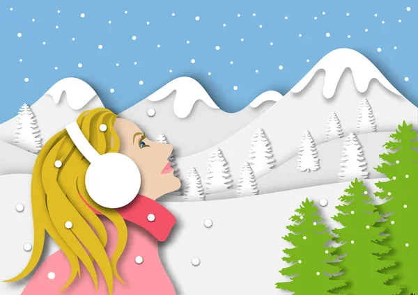 Fondo Temporada Invierno Con Hermosa Sensación Dama Relajarse Fondo Montaña — Vector de stock