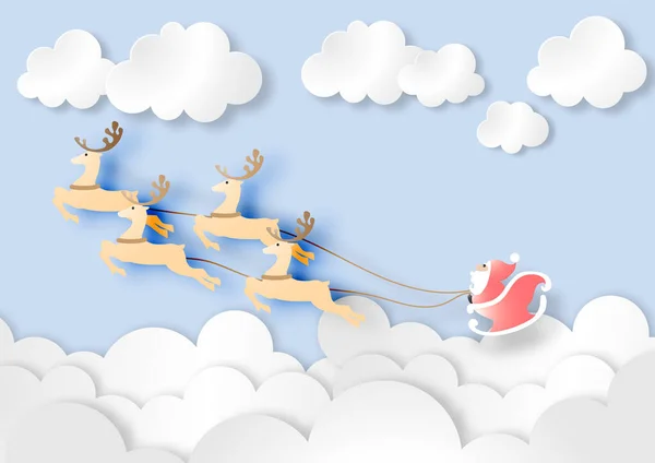 Arte Papel Santa Claus Con Renos Sobre Fondo Cielo Azul — Vector de stock