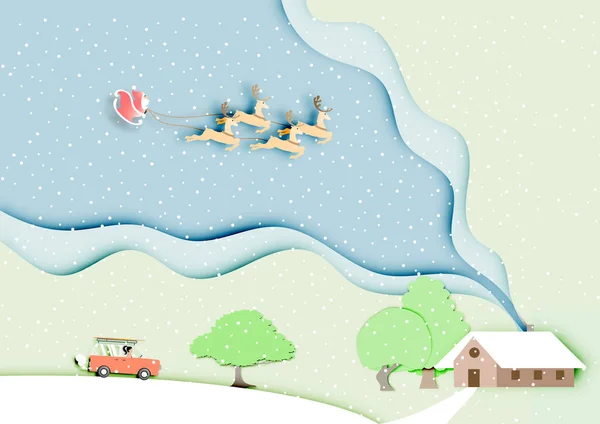 Arte Papel Santa Claus Con Renos Cielo Azul Paisaje Ver — Vector de stock