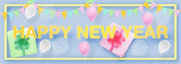 New Year Festival Gift Box Ballloon Top View Background Vector — стоковий вектор