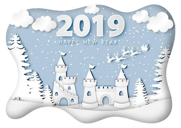 Papierkunst Von Happy New Year 2019 Festival Mit Wintersaison Hintergrunddesign — Stockvektor