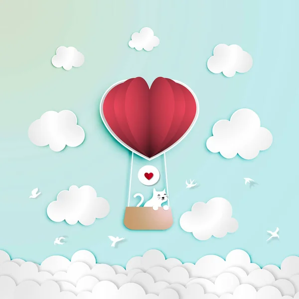 Papel Arte Del Festival San Valentín Con Gato Blanco Globo — Vector de stock