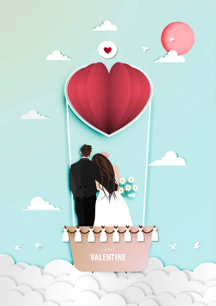 Paper Art Valentine Day Festival Mit Verheirateten Paar Papier Ballon — Stockvektor