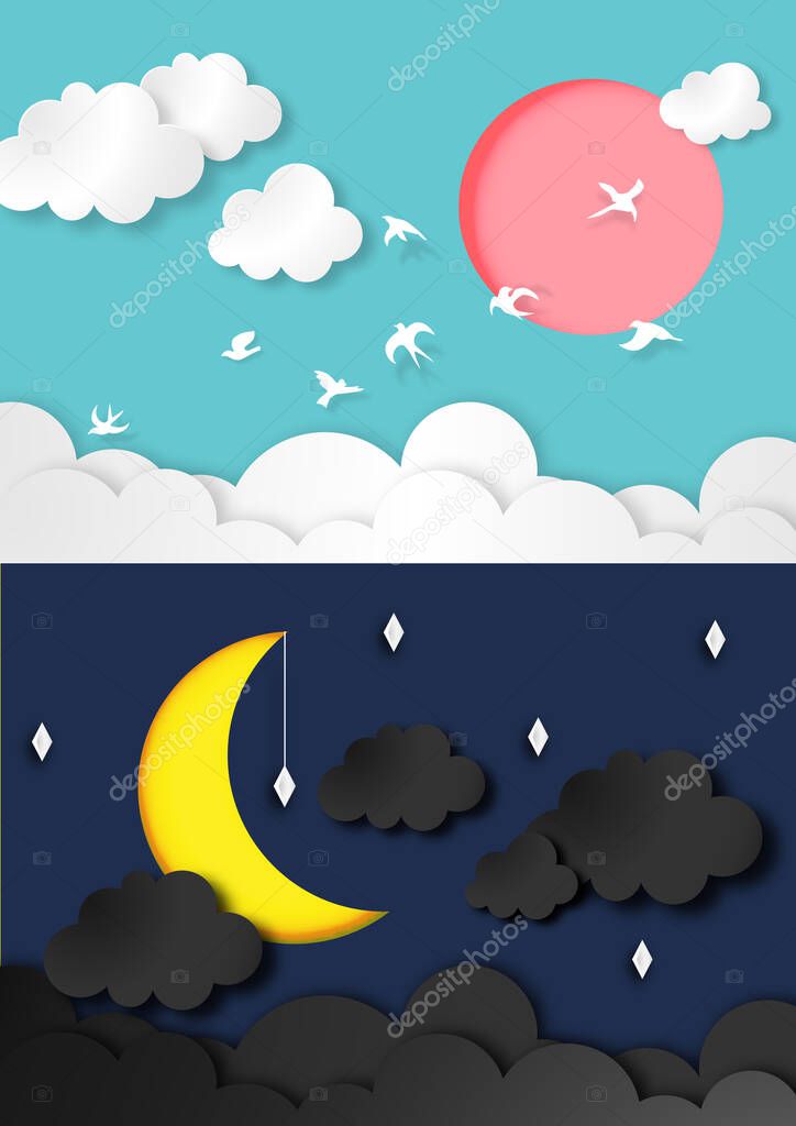 Day and Night time concept with paper art style background abstract vector and illustration
