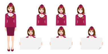 Gülen, tıbbi maskeli ve elinde poster şablonu olan pembe üniformalı hostesle çizgi film karakteri. İzole edilmiş vektör çizimleri kümesi