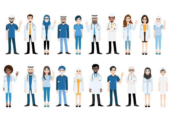 conjunto de personagens de desenhos animados de médico masculino, médico de  homem bonito em poses diferentes, trabalhador médico ou equipe hospitalar.  ícone plano de desenho animado médico em um vetor de fundo