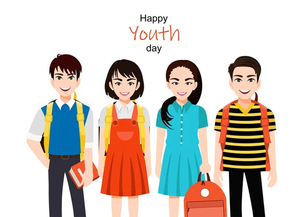 Šťastný Den Mládeže Skupinou Dívky Chlapce Barevné Oblečení Karikatura Charakter — Stockový vektor