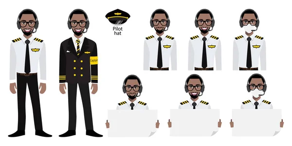 Zeichentrickfigur Mit Afrikanischem Flugkapitän Uniform Mit Lächeln Medizinischer Maske Und — Stockvektor