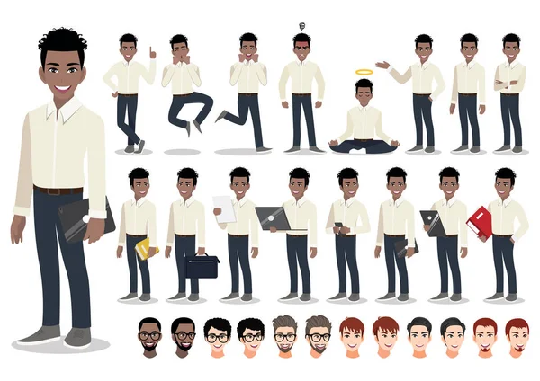 Conjunto Personagens Desenhos Animados Empresário Africano Americano Bonito Homem Negócios — Vetor de Stock