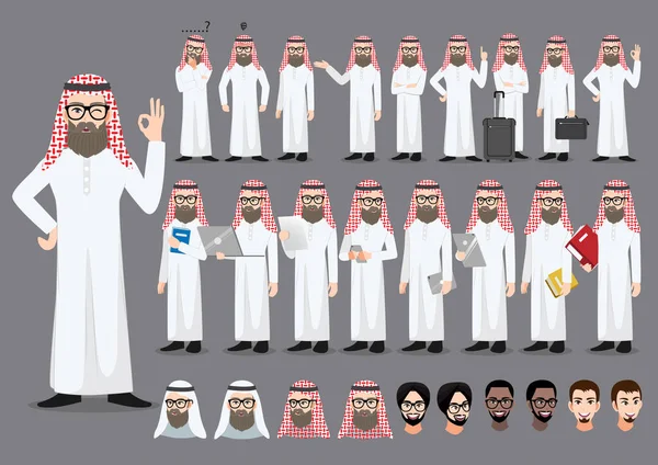 異なるビジネス活動と様々なポーズで設定されたサウジアラビアのアラブビジネスマン漫画のキャラクター ベクターイラスト — ストックベクタ