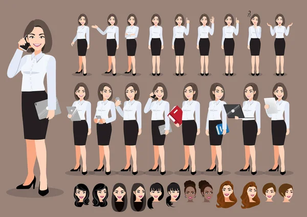 Zakenvrouw Tekenfilmfiguur Set Mooie Zakenvrouw Kantoor Stijl Slim Shirt Vectorillustratie — Stockvector