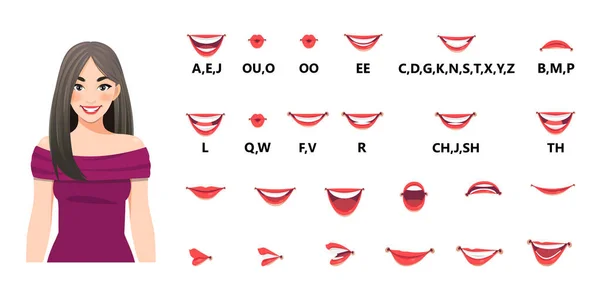 Conjunto Animación Bucal Las Bocas Pronuncian Letras Movimiento Labial Varias — Archivo Imágenes Vectoriales