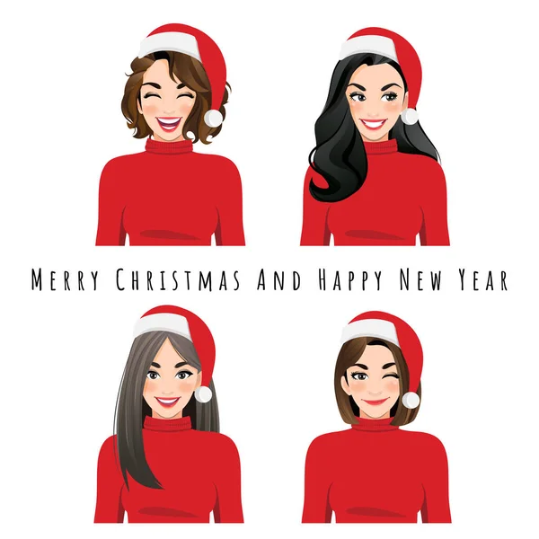 Différentes Expressions Faciales Féminines Mis Dans Noël Santa Chapeau Vecteur — Image vectorielle