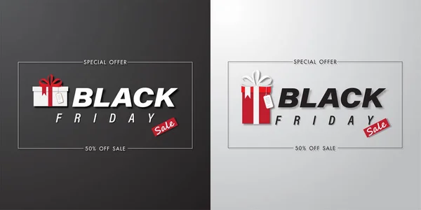 Black Friday Sale Banner Set Art Text Gift Box White — Stock Vector