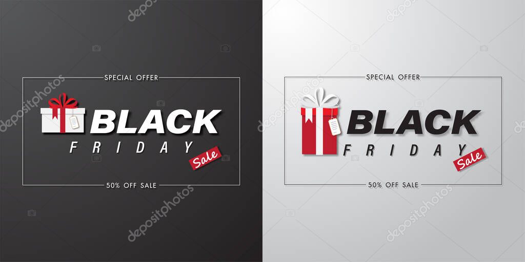Black friday sale banner set with art text and gift box on white and black background vector illustration