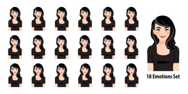 Farklı yüz ifadeleri olan siyah elbiseli güzel bir bayan çizgi film karakteri stil illüstrasyonunda izole edilmiş. 