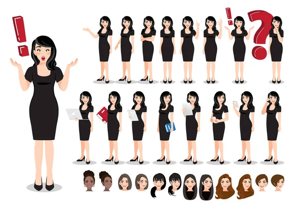 Juego Personajes Dibujos Animados Empresaria Hermosa Mujer Negocios Con Vestido — Vector de stock