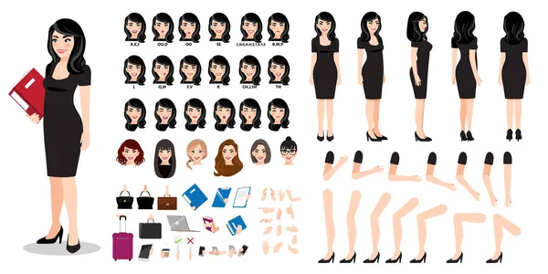 Geschäftsfrau Zeichentrickfiguren Set Mit Verschiedenen Ansichten Frisuren Gesichtsemotionen Lippensynchronisation Und — Stockvektor