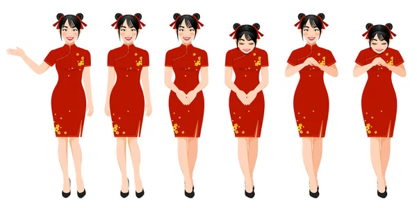 Chinesisches Mädchen Mandarinenkleid Mit Chinesischem Neujahrsfest Zeichentrickfigur Auf Weißem Hintergrund — Stockvektor