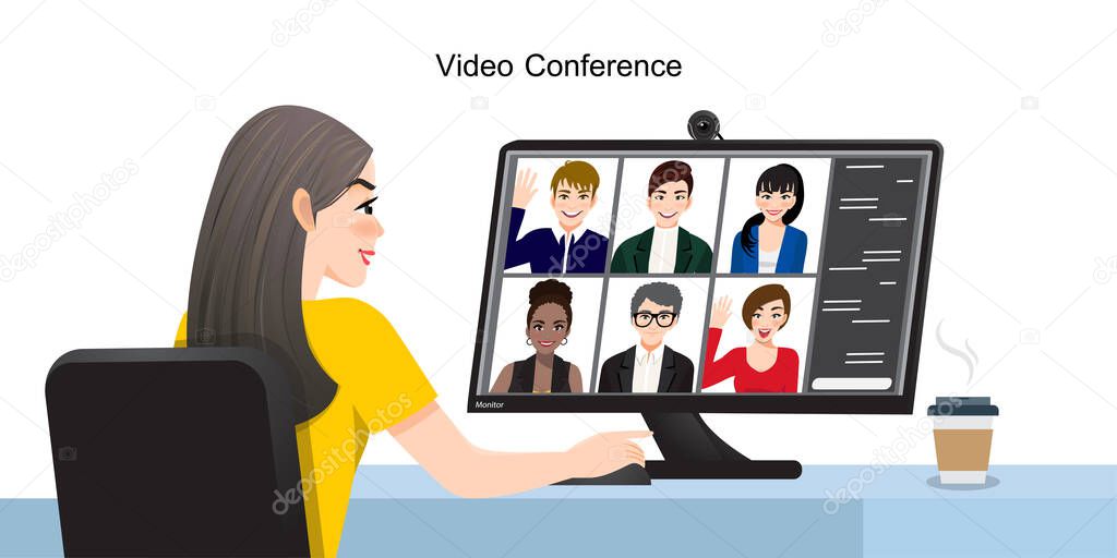 Video conference. Group people on computer screen talking with colleague by internet. Online meeting workspace in video call. Working by internet from home. Communication, chat, meeting. Vector