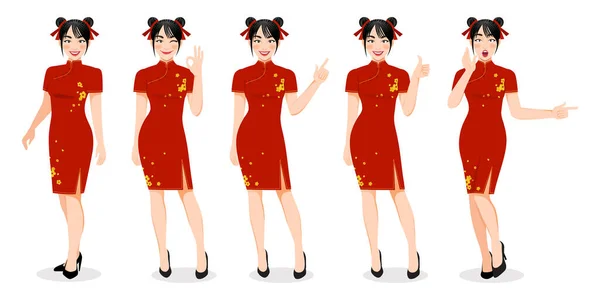 Chica China Vestido Mandarín Con Carácter Dibujos Animados Festival Año — Archivo Imágenes Vectoriales