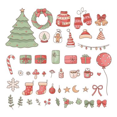 Noel Elementleri seti. Xmas El Çizim Simgeleri Tarzı. Noel Ağacı, Hediyeler, Noel Şapka ve Konforlu Kış Süsleme Vektörü İllüstrasyonu