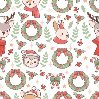Woodland Noel Kusursuz Şablonu, Xmas Kawaii Hayvanlar Kumaş Tasarım Vektörü