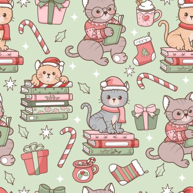 Samimi Noel Kedisi Kusursuz Şablon, Xmas Kedi Okuma Kumaş Tasarım Vektörü