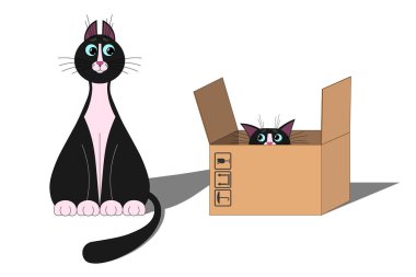 Çizgi filmdeki bir kedi dik oturur ve şirin kedi ağızlığına bakar. Yüzü korkudan dışarı bakar. Büyük mavi gözlü kediler. Tasarım ve dekorasyon için boş şablon. Beyaz izole arkaplan