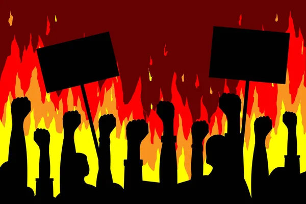 Halka açık protestolar. Ateşin arka planında posterleri olan el siluetleri. Yükseltilmiş yumrukların siyah siluetleri, öfke, öfke. Vektör. Haber illüstrasyonu, bilgi, makaleler, bloglar, yayın, baskı