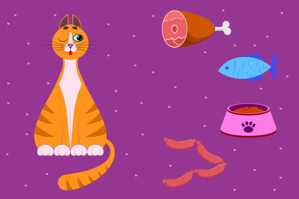 Comida Para Gatos Mascotas Lindo Gato Dibujos Animados Rojo Con — Vector de stock