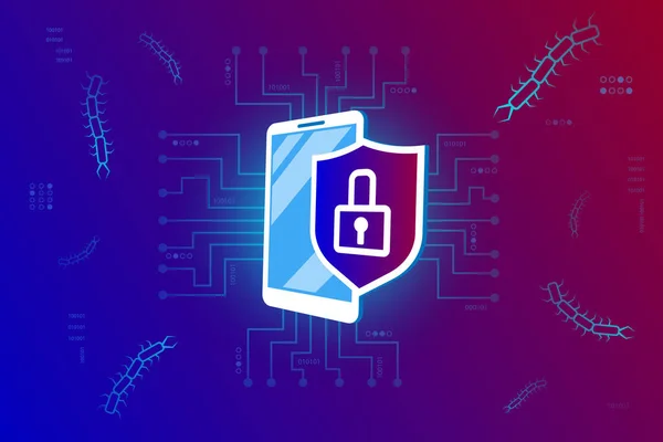 Ağ siber güvenliği, veri koruması, elektronik ödemeler, işlemler ve dünya çapında transfer. Kalkanlı akıllı telefon, dijital arkaplana kilitlen. Hacker saldırıları ve böceklerin tehdidi...