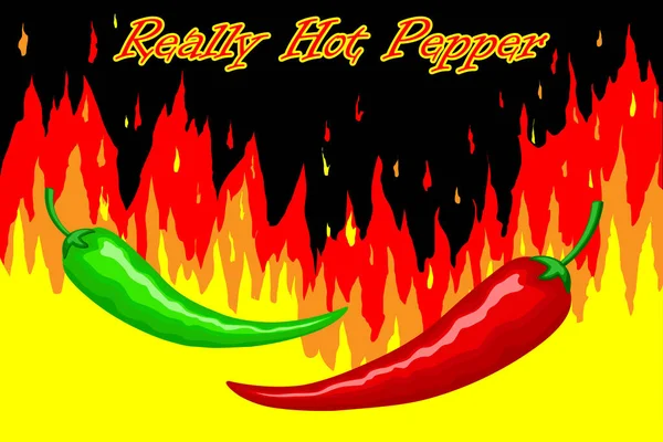 火の壁の背景に赤と緑のメキシコのピーマンとイラスト 明るいホットカラーでクローズアップ画像 碑文本当に唐辛子 ウェブサイト ブログ 広告のためのベクトル — ストックベクタ