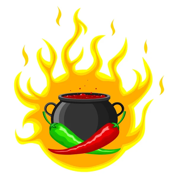 在火锅的背景上 用火热的墨西哥菜和火热的火锅 用热的红色和绿色的墨西哥胡椒来说明 用于烹饪 广告的病媒隔离 — 图库矢量图片